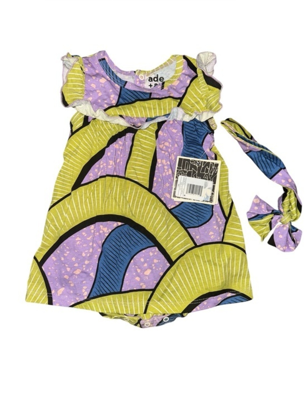 ade + ayo Baby 12M Bright Purple & Lime Arch Print Baby Dress with Headband NWT